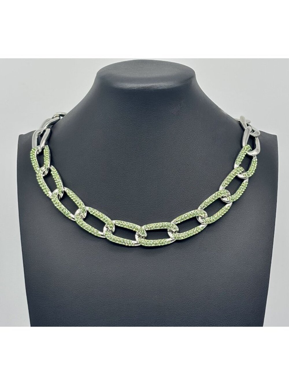 Curb Link and Green Pave Crystal Silver-Tone Collar Necklace Adjustable Unsigned